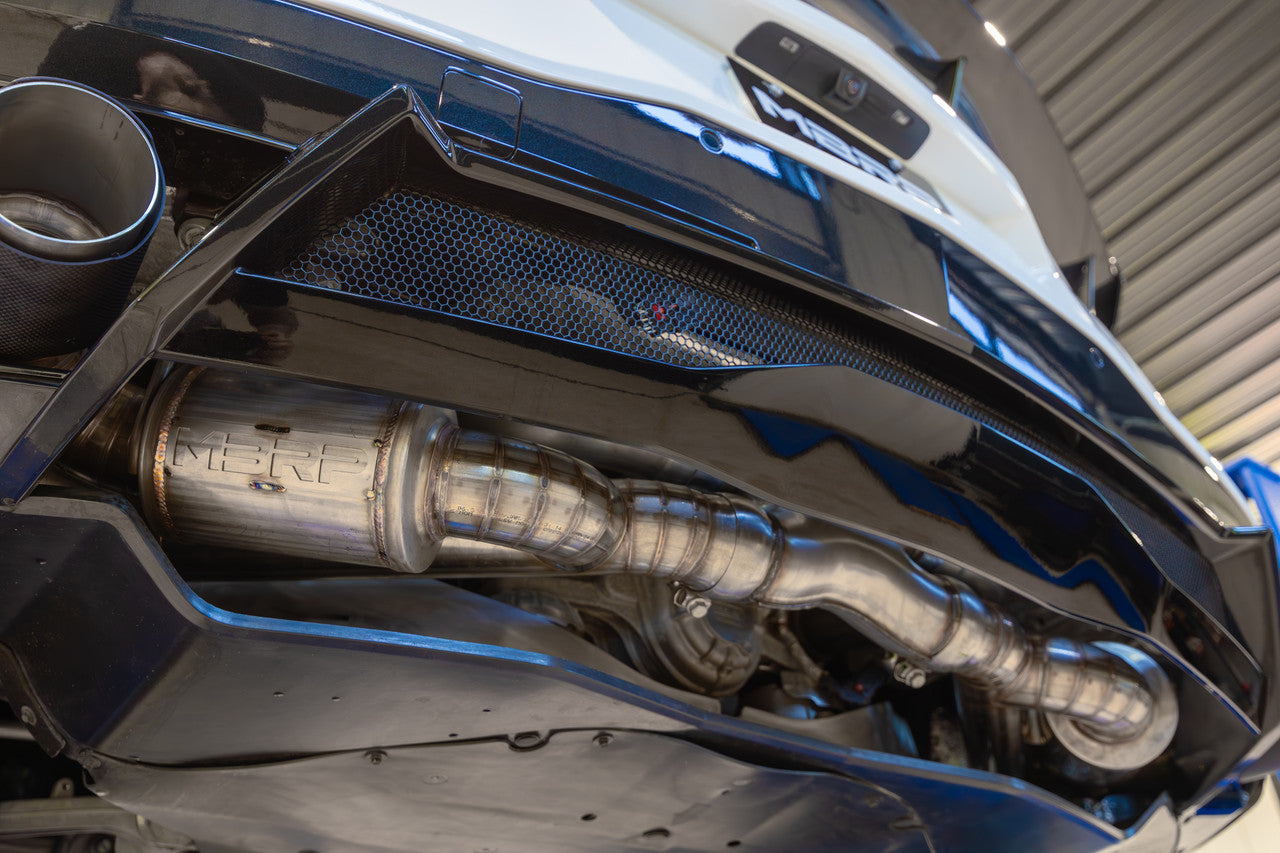 MBRP 2020-2026 Chevrolet Corvette C8 6.2L T304 Stainless Steel 3 Cat-Back Quad Rear Outlet with Carbon Fiber Tips Active | S70413CF