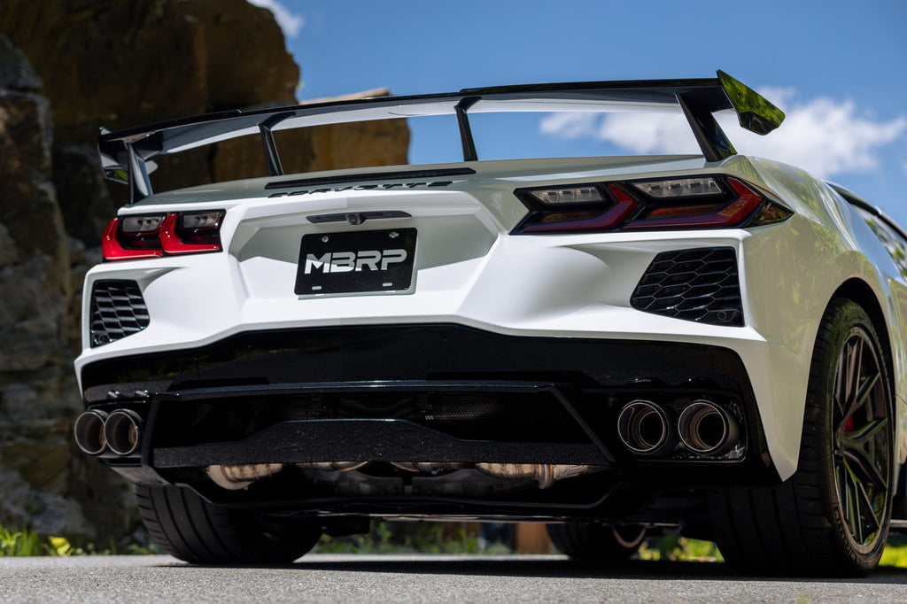MBRP 2020-2026 Chevrolet Corvette C8 6.2L T304 Stainless Steel 3 Cat-Back Quad Rear Outlet with Carbon Fiber Tips Active | S70413CF