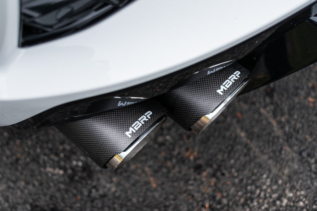 MBRP 2020-2026 Chevrolet Corvette C8 6.2L T304 Stainless Steel 3 Cat-Back Quad Split Rear with Carbon Fiber Tips | S70423CF