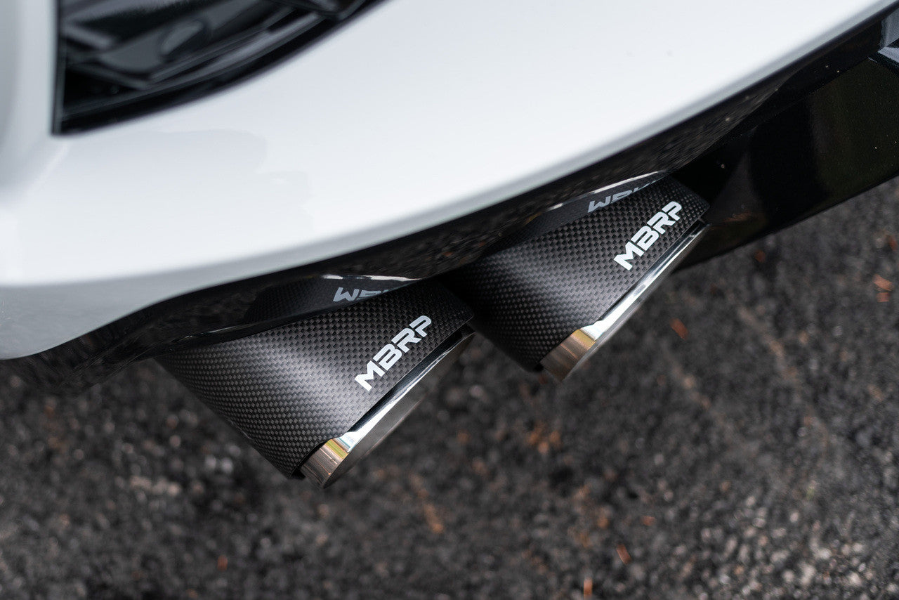 MBRP 2020-2026 Chevrolet Corvette C8 6.2L T304 Stainless Steel 3 Cat-Back Quad Split Rear with Carbon Fiber Tips | S70423CF