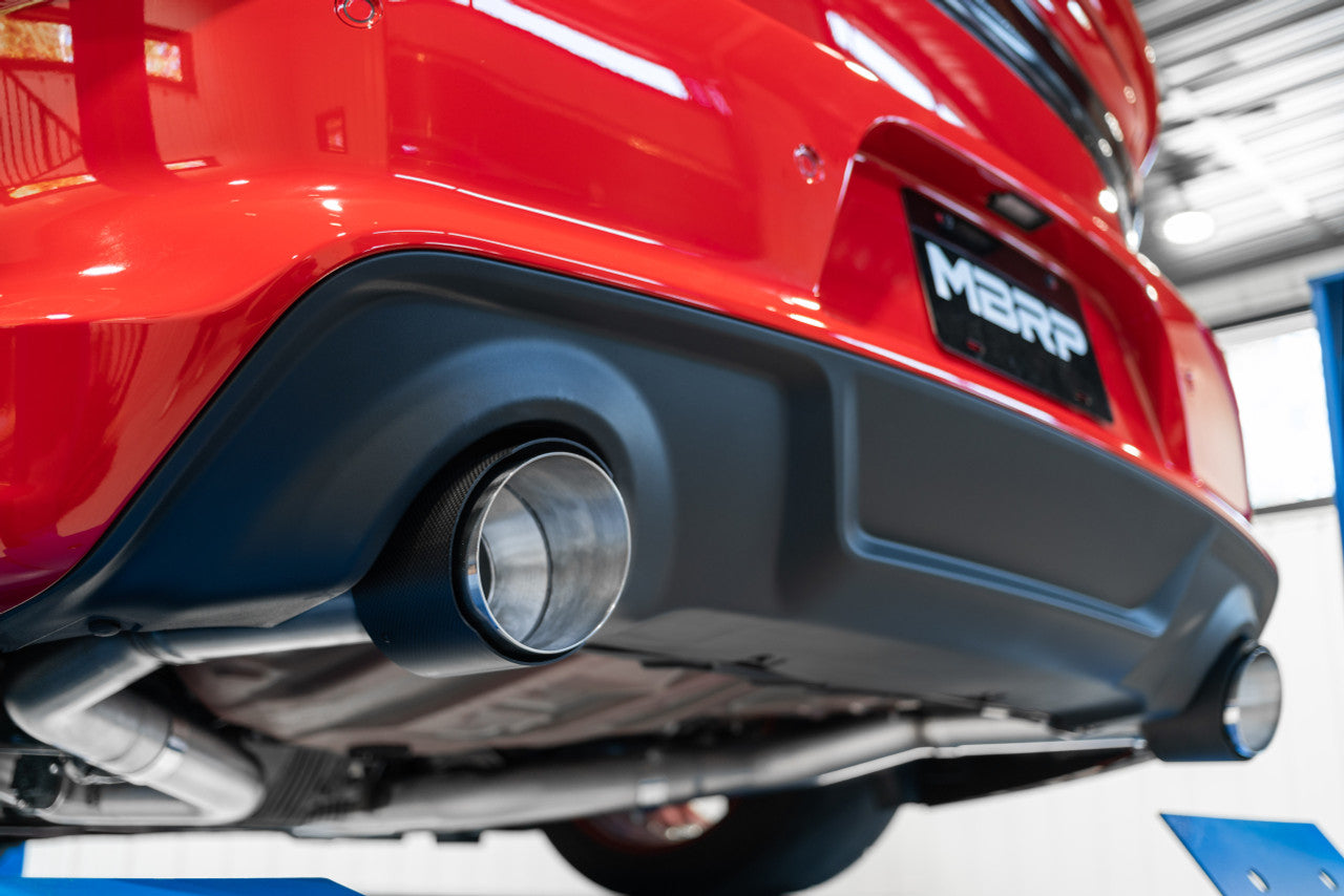 MBRP 2015-2023 Dodge Charger 6.2L 6.4L T304 Stainless Steel 3 Cat-Back Dual Rear Race Profile with Dual Carbon Fiber Tips | S71183CF